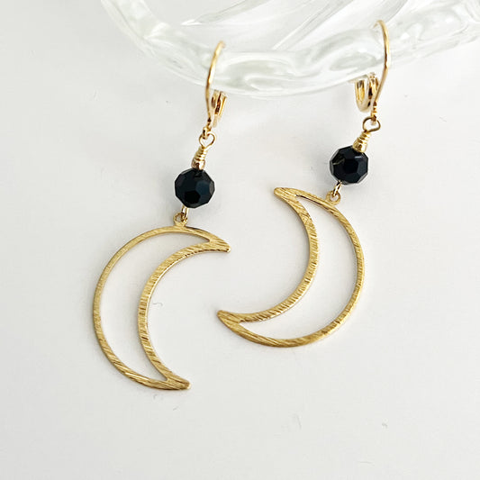 Black Crystal and Crescent Moon Drop Earrings