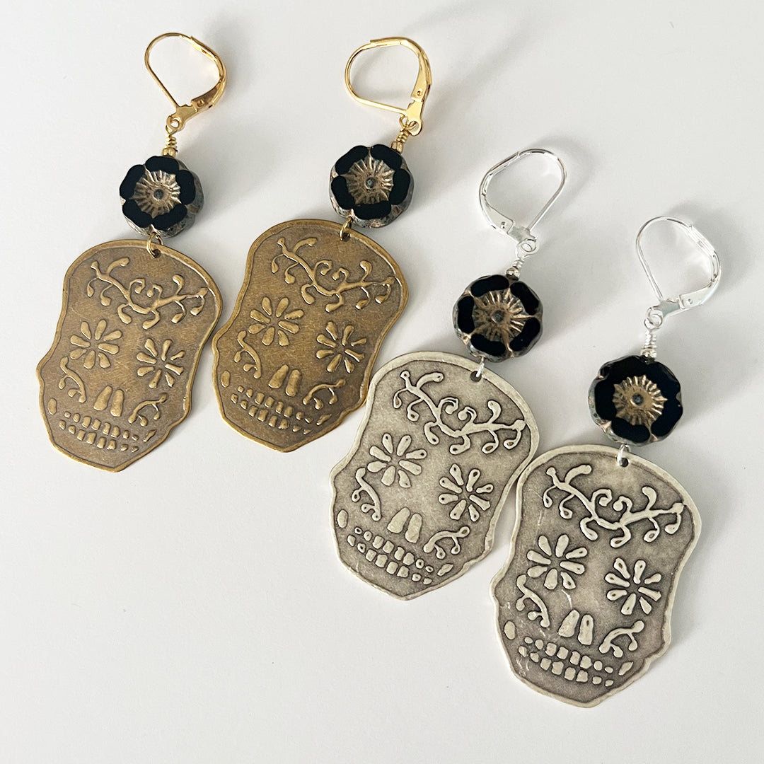 Sugar Skull & Flower Earrings SILVER & BLACK