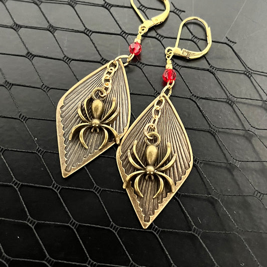 Antique Bronze Spider Earrings RED