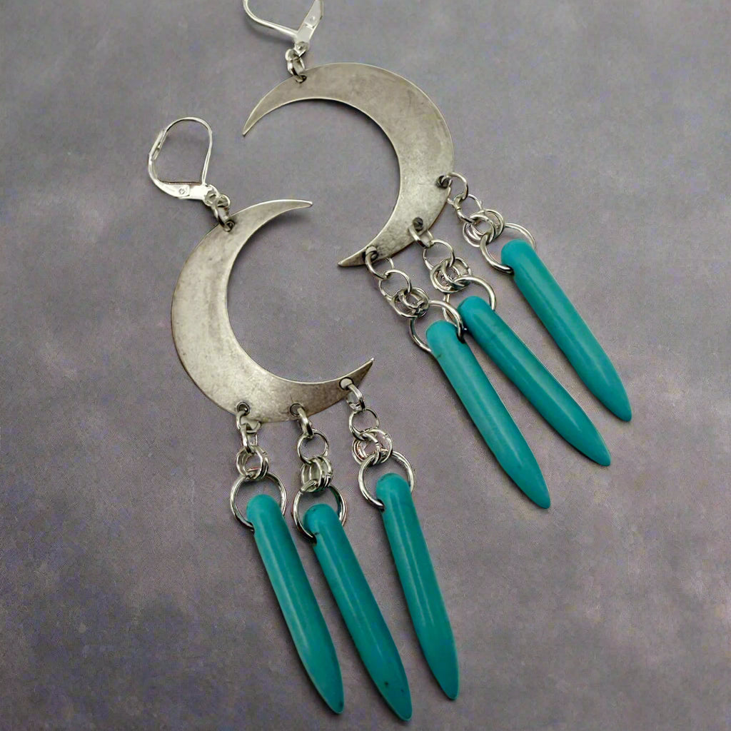 Crescent moon turquoise spike earrings
