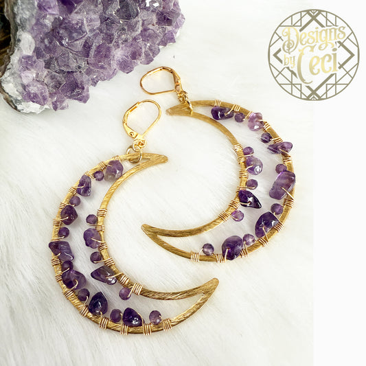 Amethyst Geode Crescent Moon Earrings
