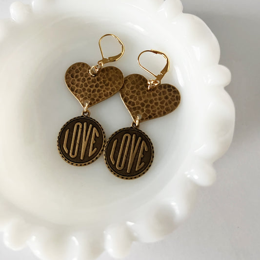 LOVE Charm Earrings Antiqued Gold
