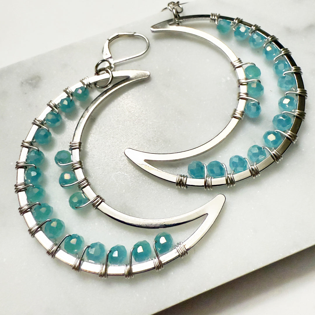 Aqua Dream Silver Crescent Moon Earrings