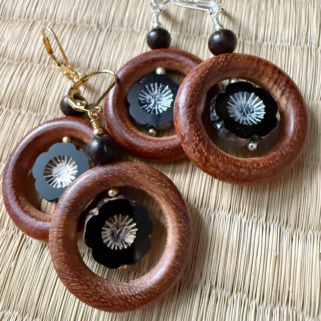 Bayong Wood Hibiscus Hoops (Silver)
