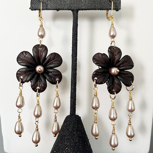 Black Daisy Pearls Statement Earrings