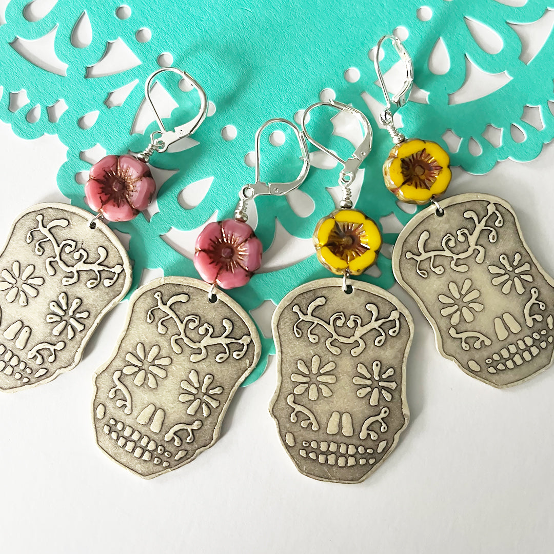 Sugar Skull & Flower Earrings SILVER & YELLOW