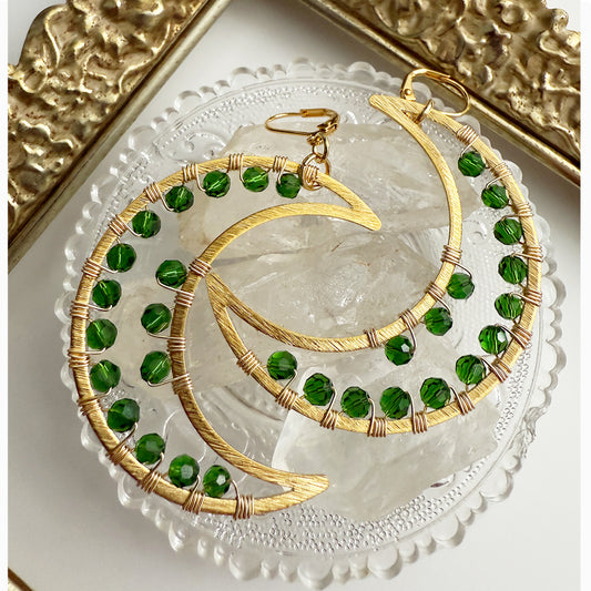 Emerald Goddess Crescent Moon Earrings