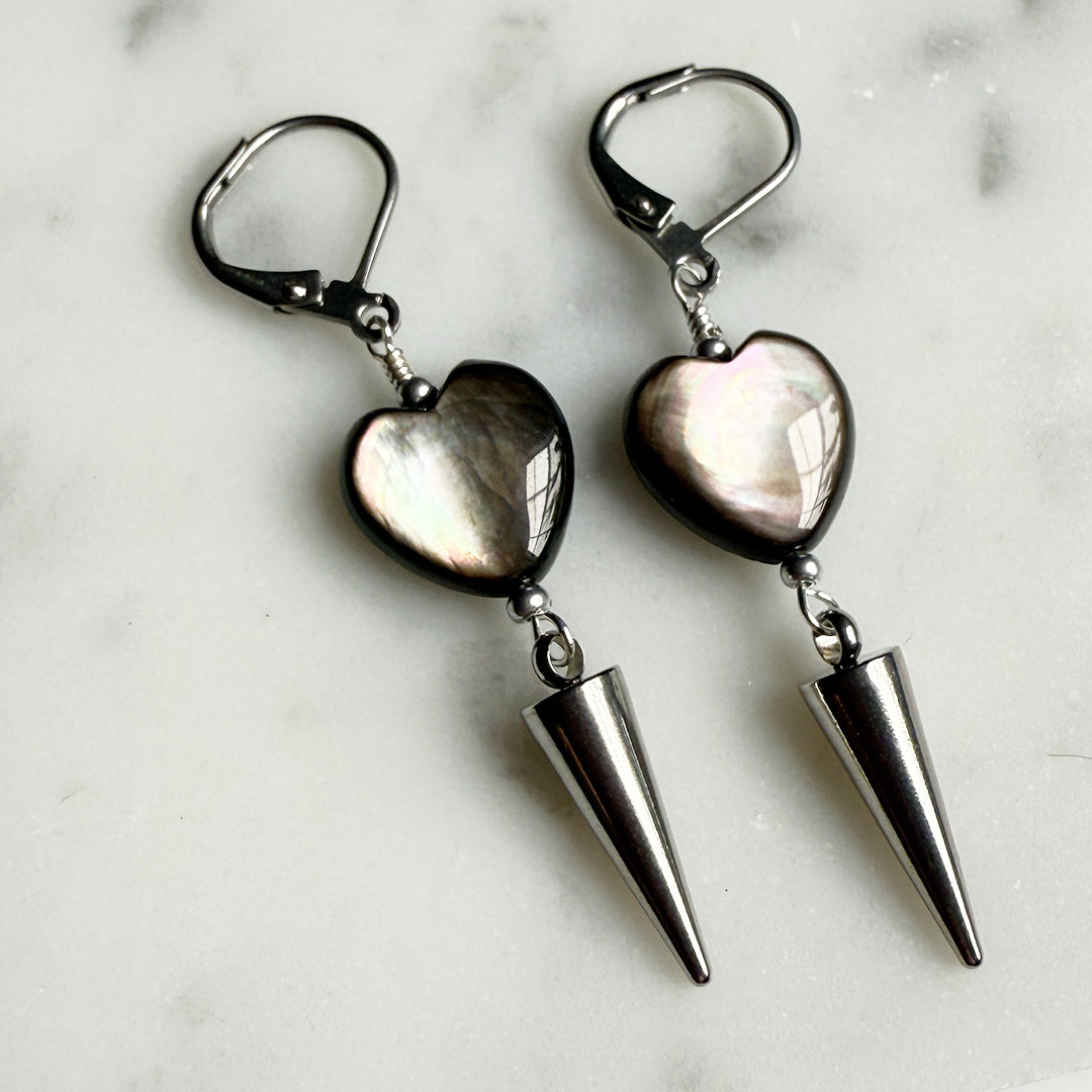 Black Pearl Heart Spike Earrings
