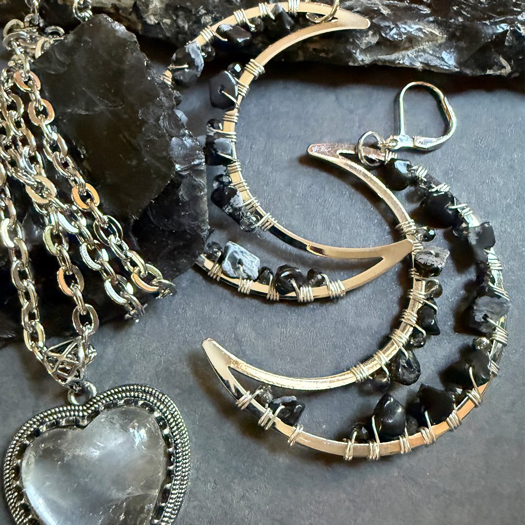 Geode Crescent Moon Earrings Onyx