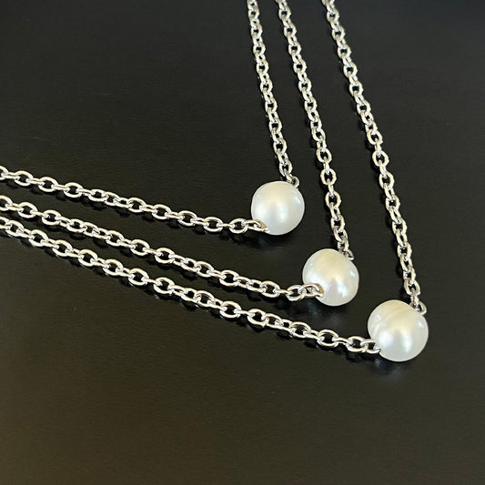 Unisex Floating Pearl Necklace SILVER