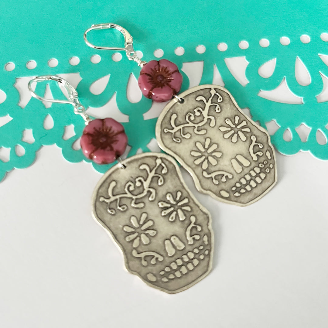 Sugar Skull & Flower Earrings SILVER & PINK