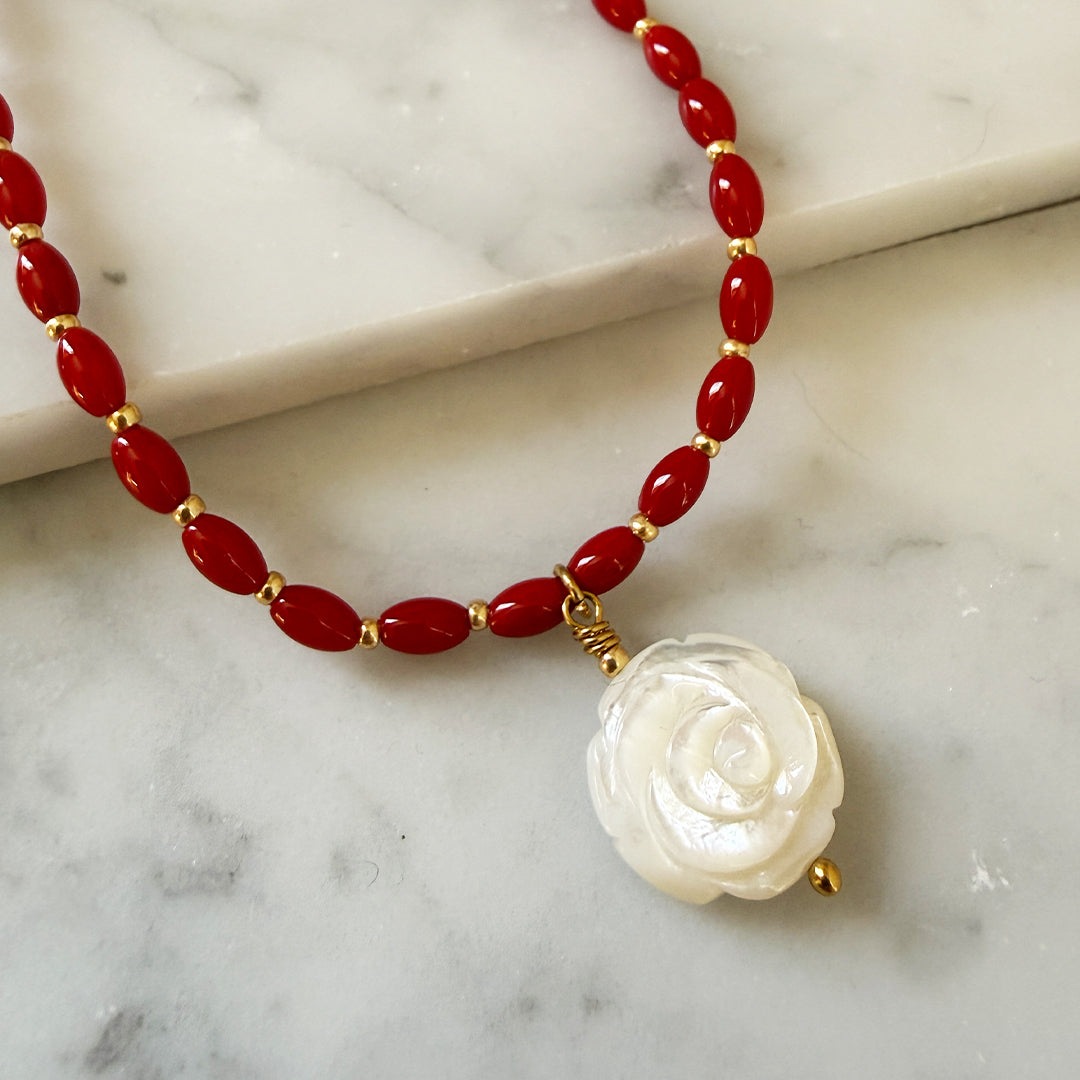 Red Bead & Mother of Pearl Rose Pendant Necklace