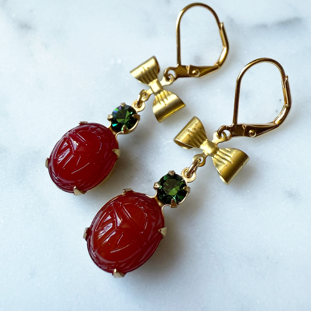 Crimson Scarab Bow Earrings