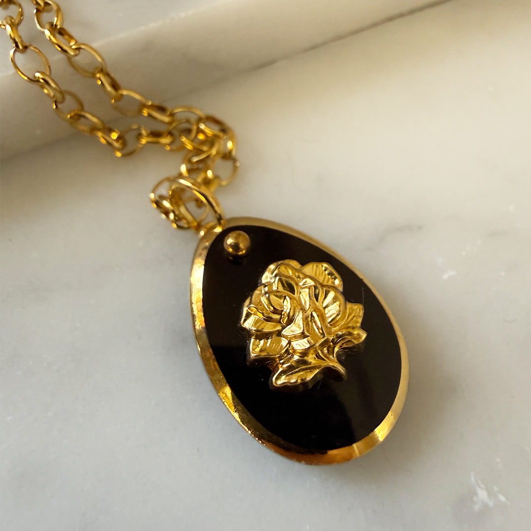 Black and Gold Rose Pendant Necklace