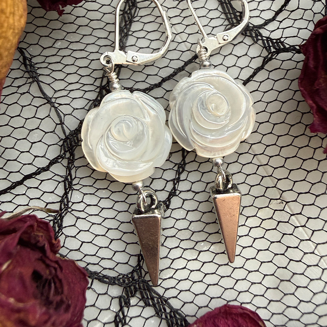 White Pearl Rose Thorn Drop Earrings