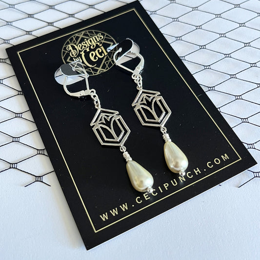 Art Deco Silver Pearl Drop Earrings