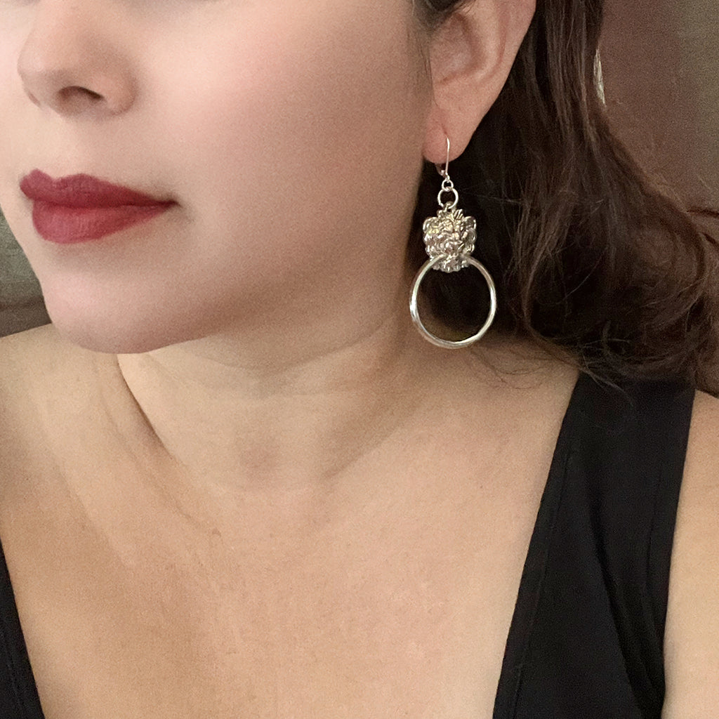 Silver Lion Door Knocker Earrings