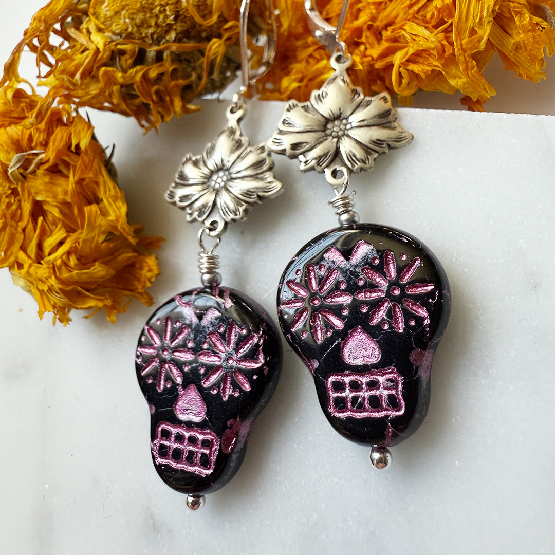 Day of The Dead Sugar Skull Earrings SILVER