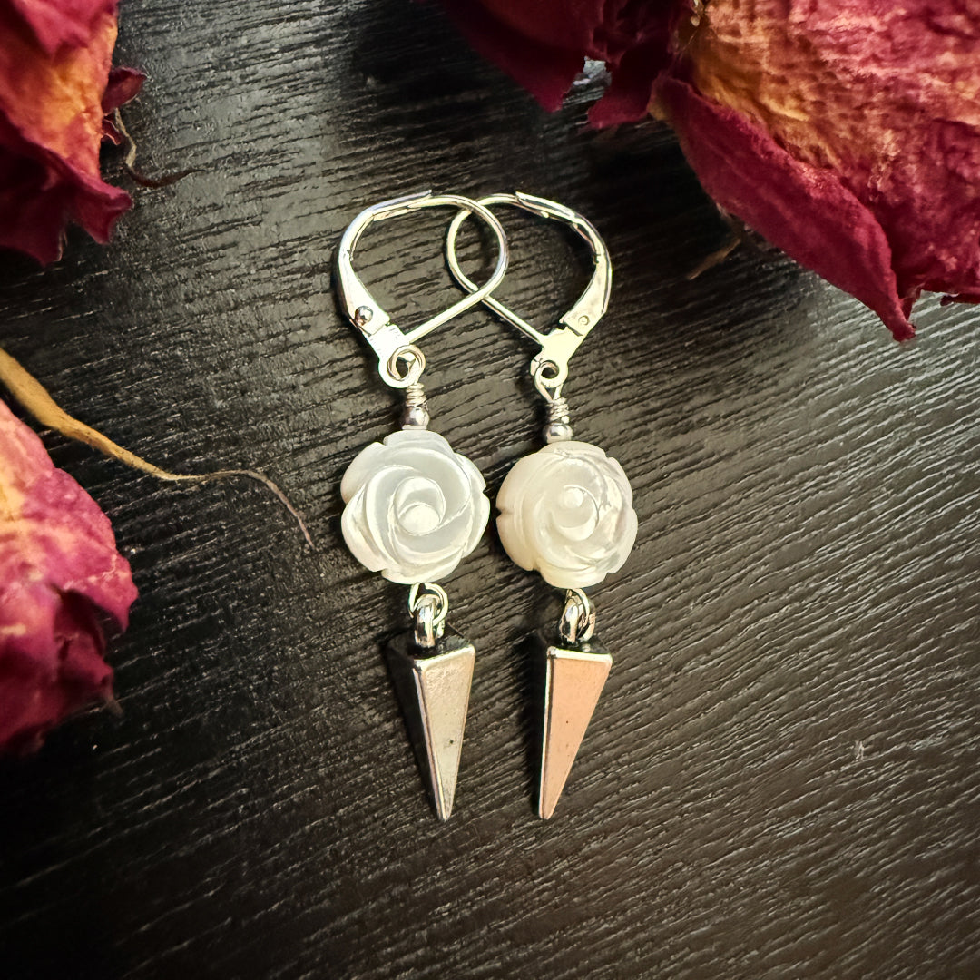White Pearl Rose Thorn Drop Earrings