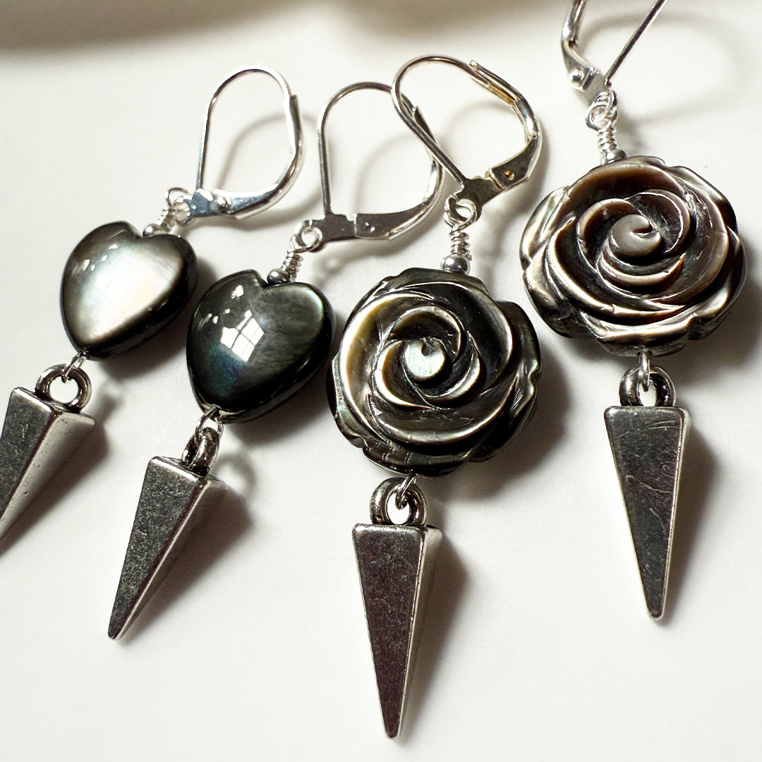 Black Pearl Rose Spike Earrings