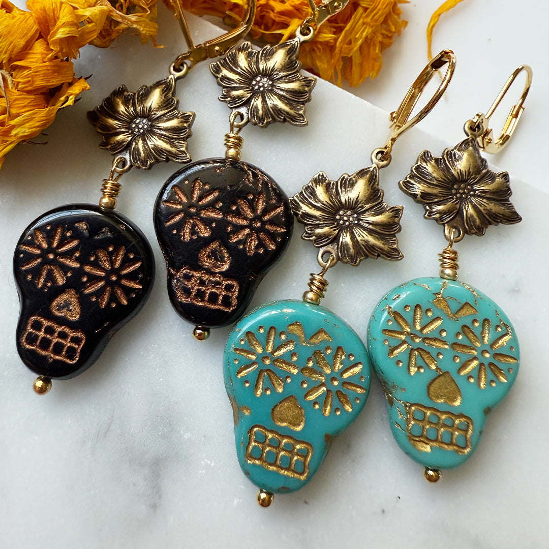 Day of The Dead Sugar Skull Earrings GOLD