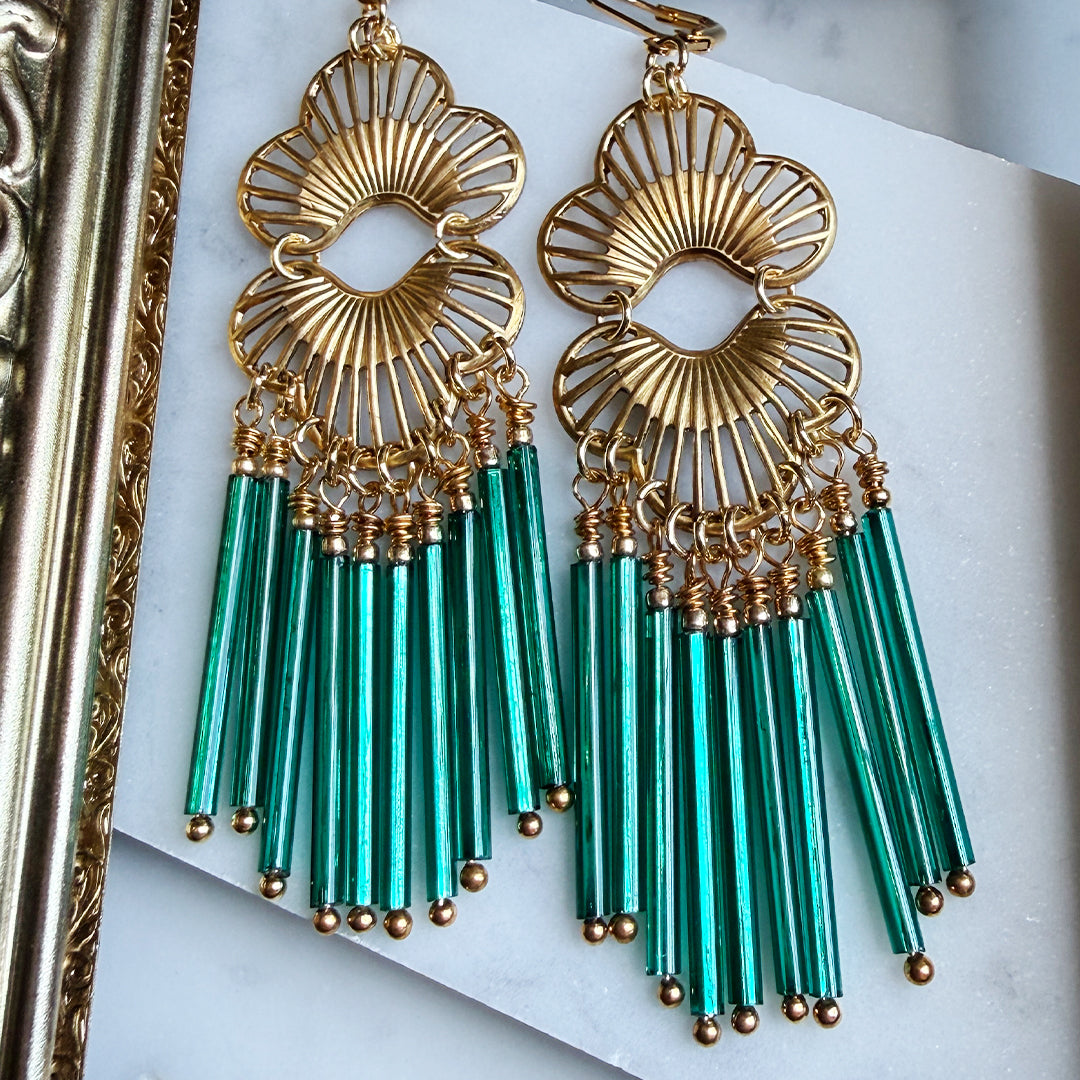 Lotus Fan Fringe Chandelier Earrings TEAL