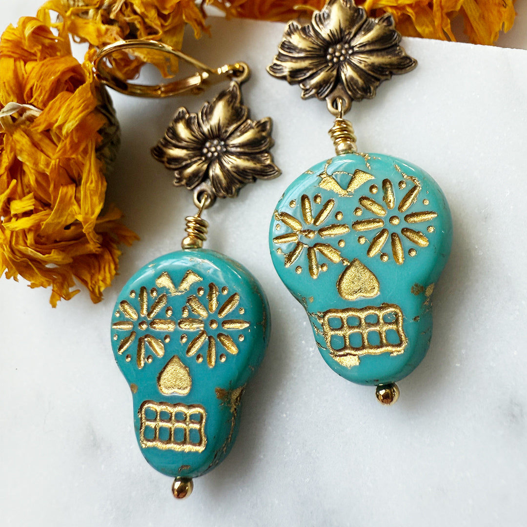 Day of The Dead Sugar Skull Earrings GOLD