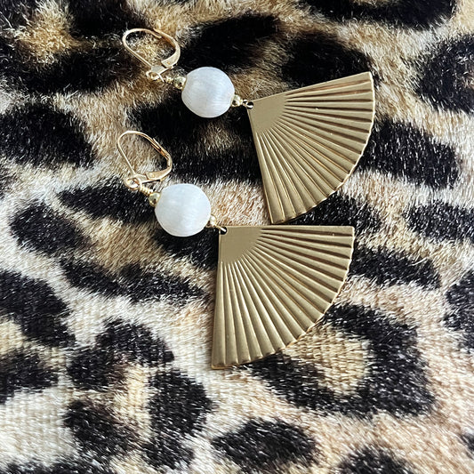 Silk Bead Gold Fan Earrings WHITE