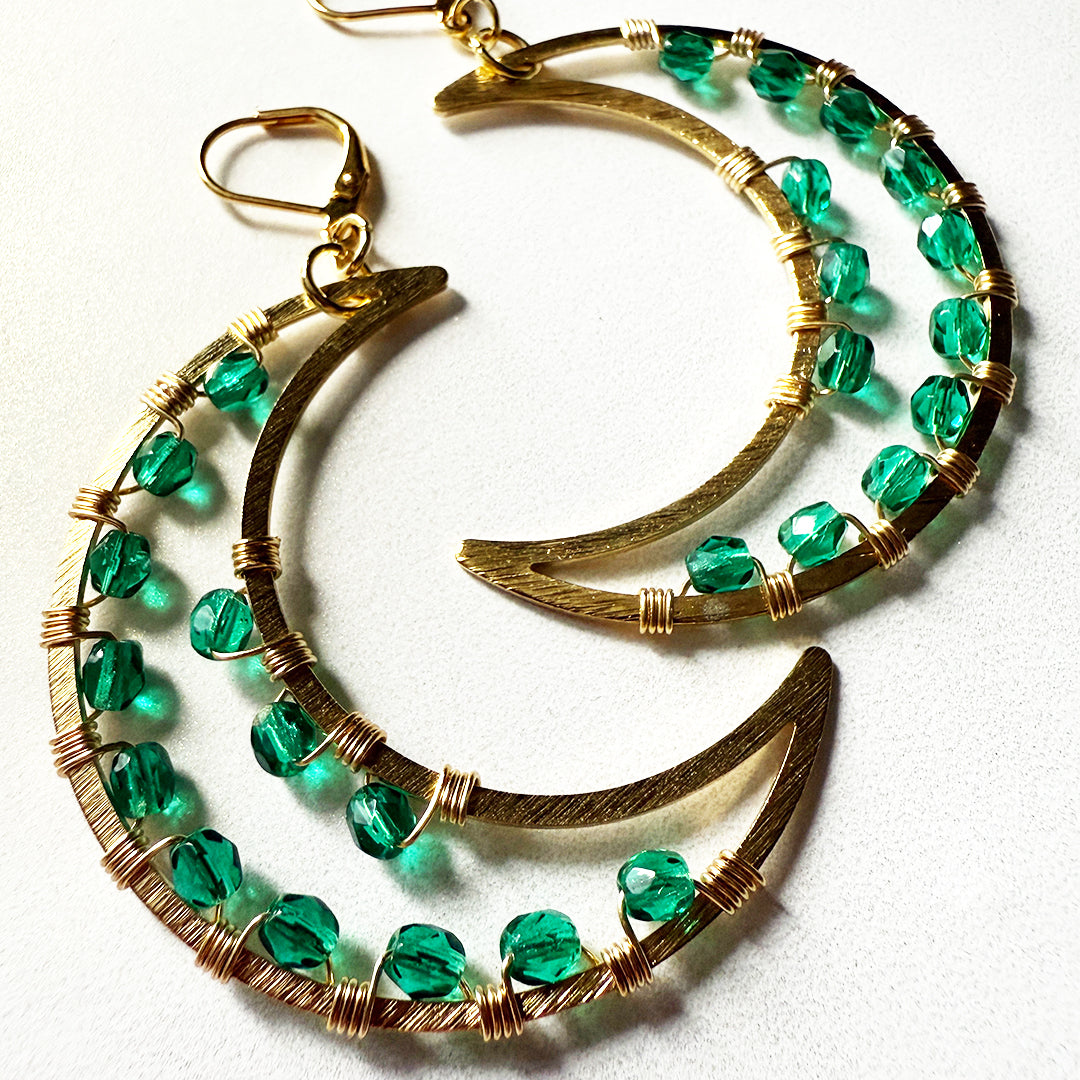 Wicked Emerald Crescent Moon Earrings