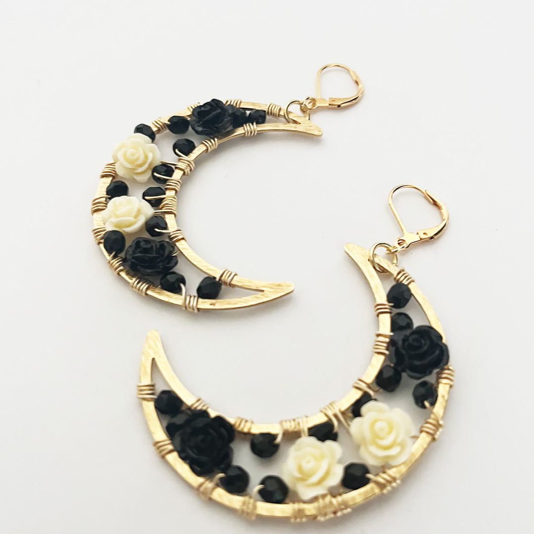 Black and White Roses Crescent Moon Earrings