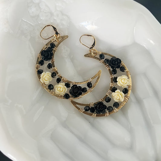 Black and White Roses Crescent Moon Earrings