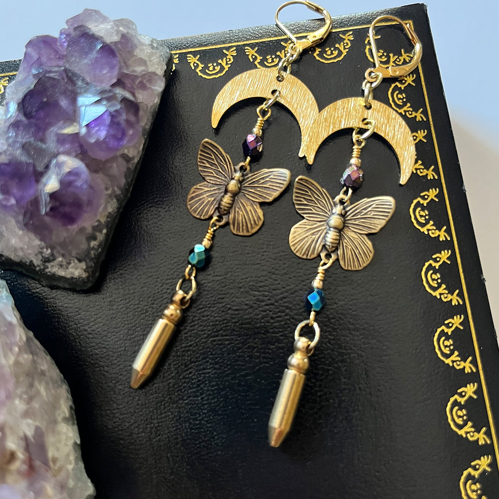 Gold butterfly and gold bullet charms with purple faceted crystal beads celestial earrings rocker style earrings edgy earrings