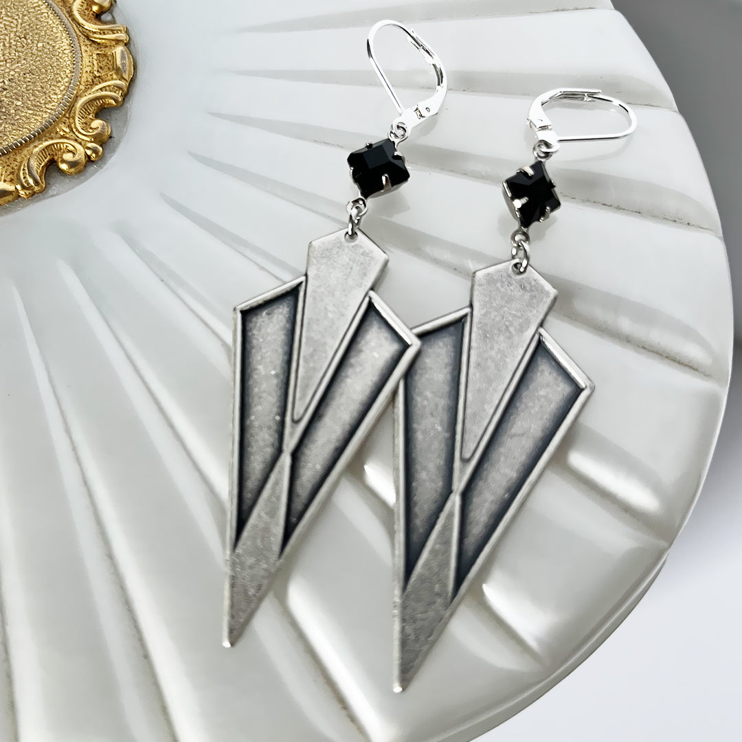 Silver and Black Art Deco Style Earrings