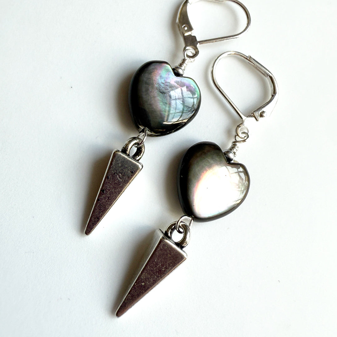 Black Pearl Heart Spike Earrings