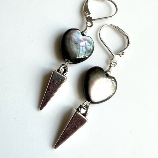 Black Pearl Heart Spike Earrings