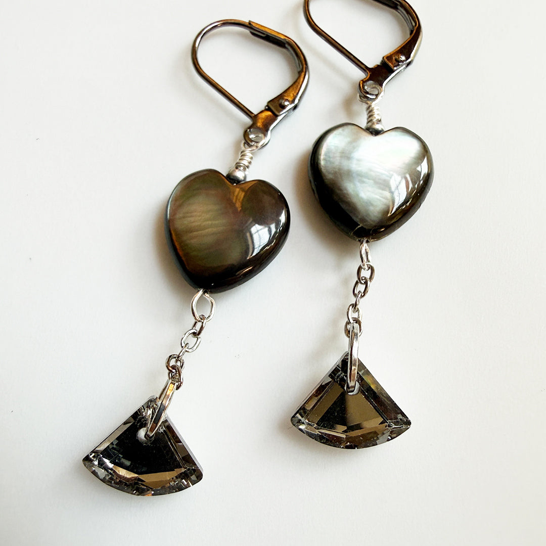 Black Pearl Hearts Crystal Earrings