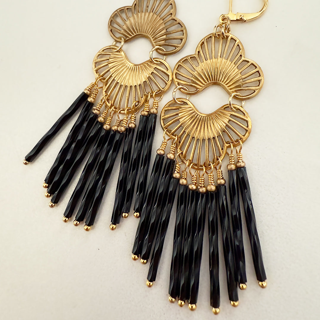 Ornate Petal Chandelier Earrings BLACK