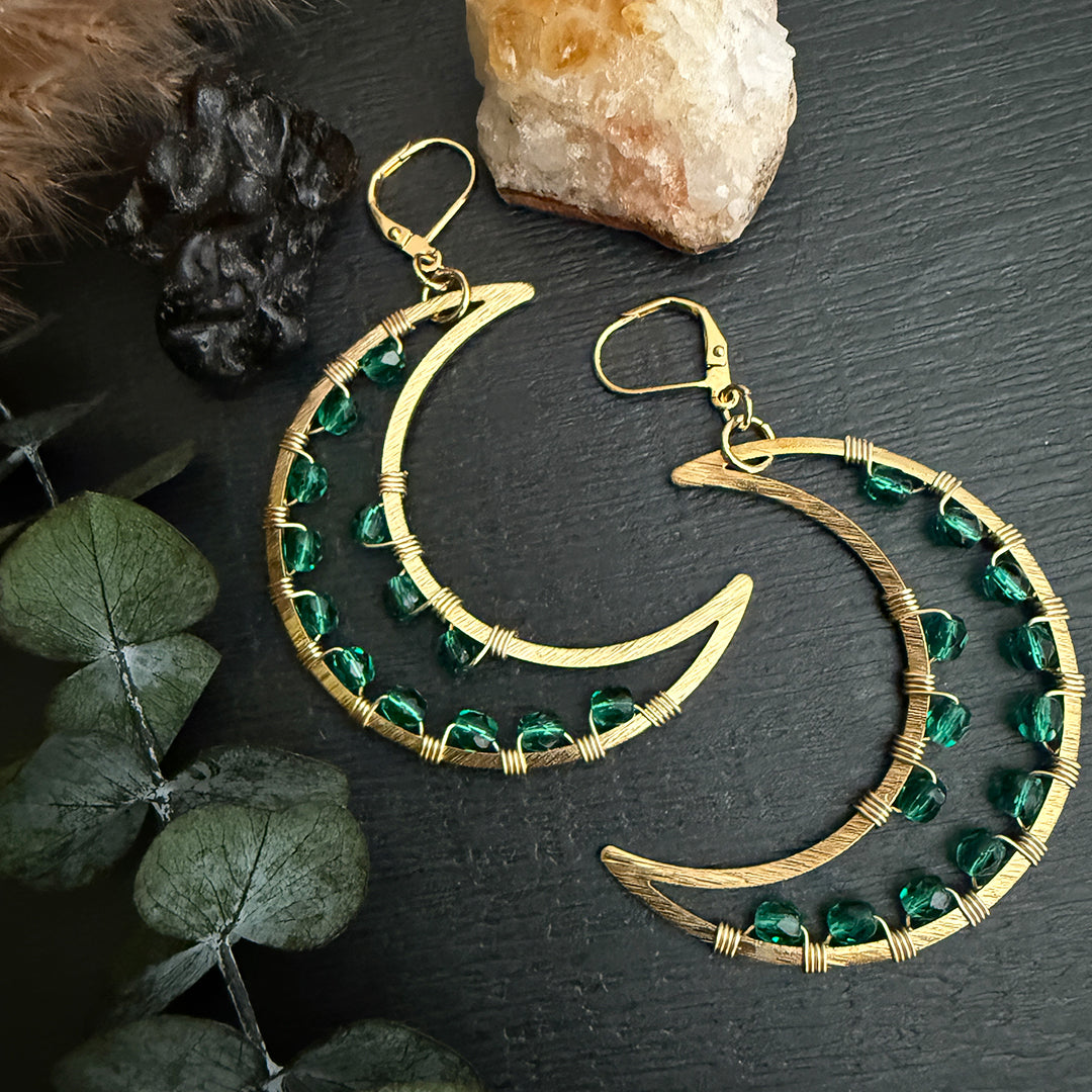 Wicked Emerald Crescent Moon Earrings