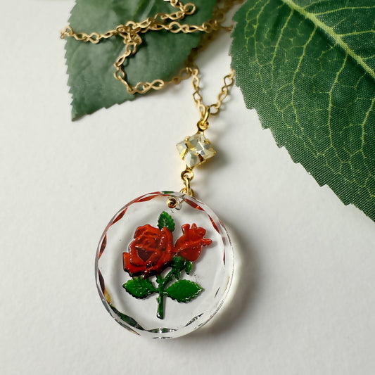 Vintage Glass Rose Pendant Necklace