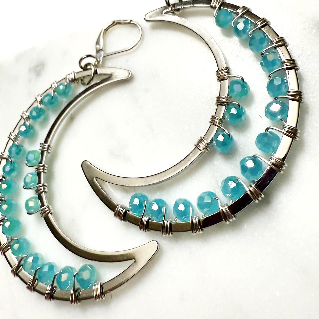 Aqua Dream Silver Crescent Moon Earrings