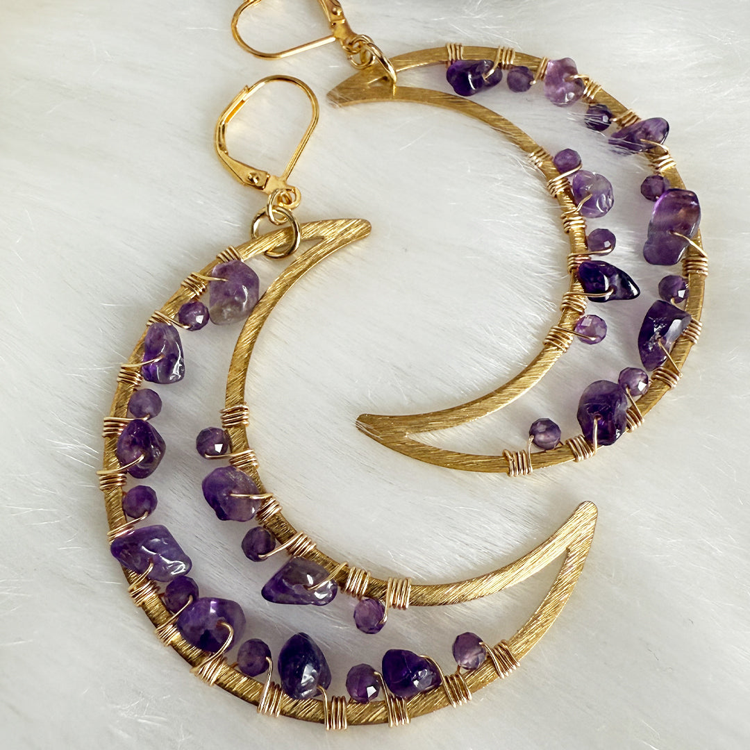 Amethyst Geode Crescent Moon Earrings