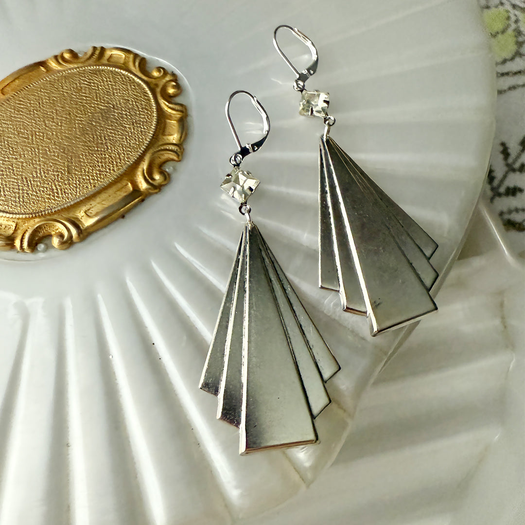 Silver Deco Fan Earrings Large