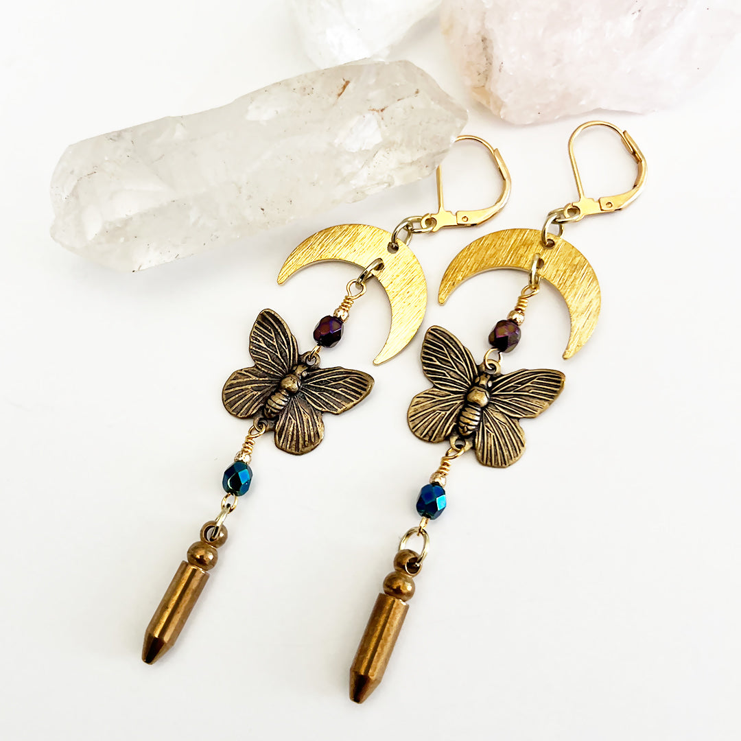 Crescent moon charms butterfly charms with bullet charms earrings