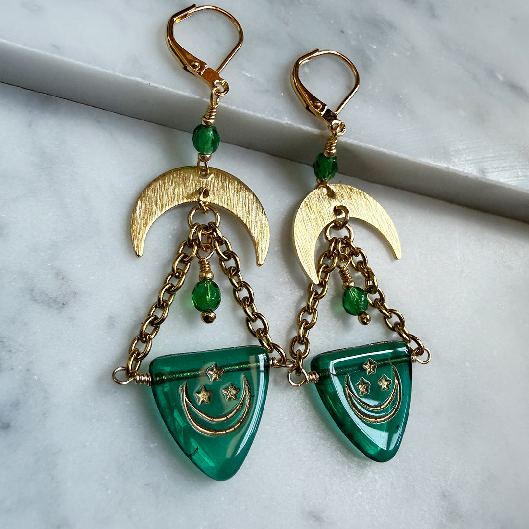 Crescent Celestial Drop Earrings GREEN