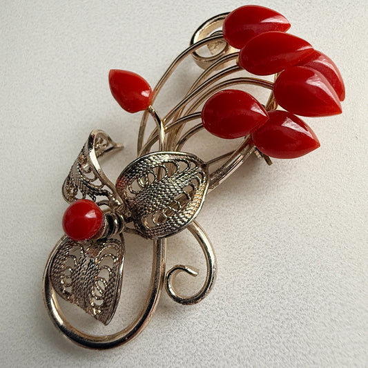 Vintage Filigree Coral Brooch