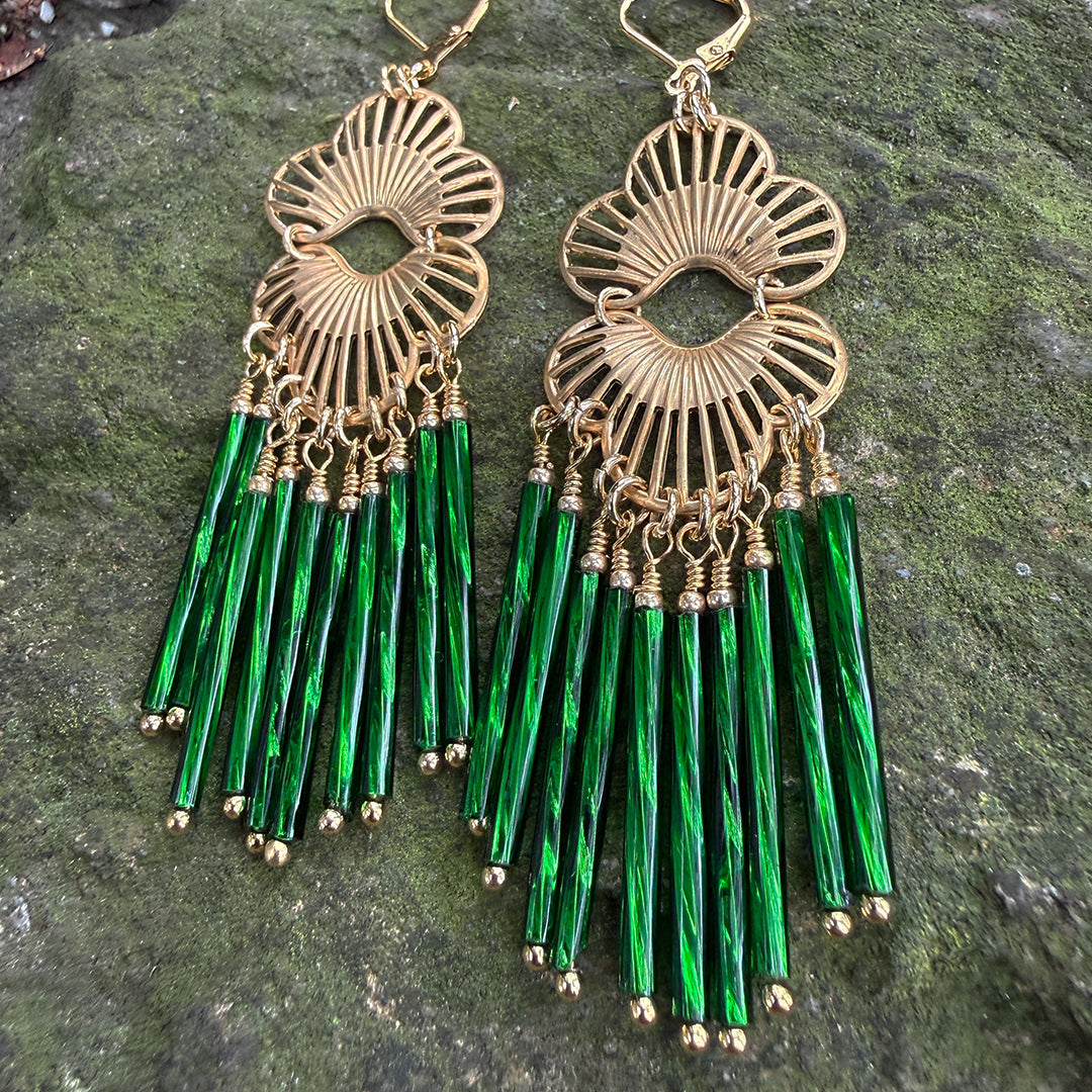 Lotus Fan Fringe Chandelier Earrings EMERALD
