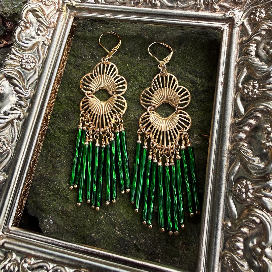 Lotus Fan Fringe Chandelier Earrings EMERALD