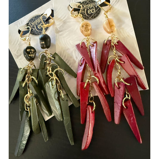 Fancy Skull Cascade Earrings (Green +Black)