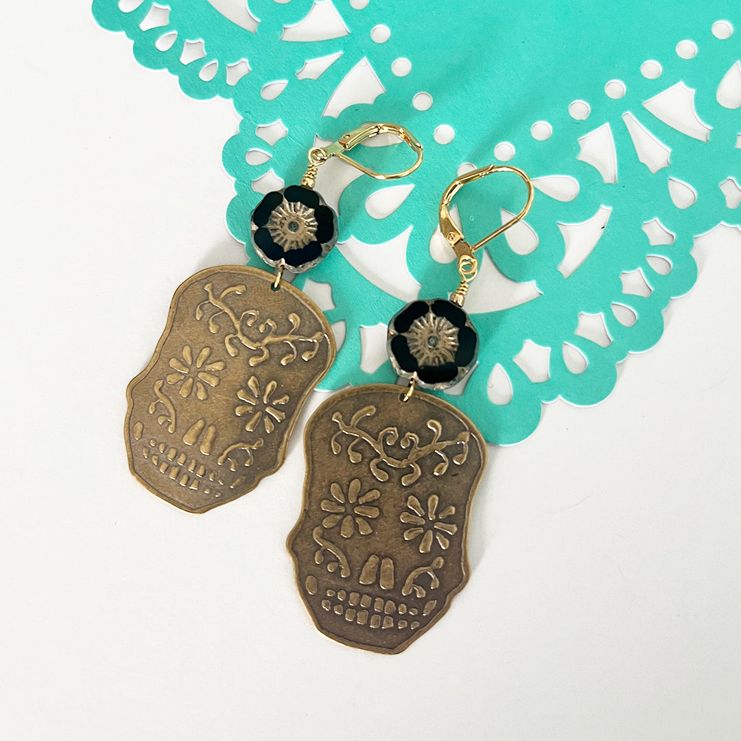 Sugar Skull & Flower Earrings GOLD & BLACK