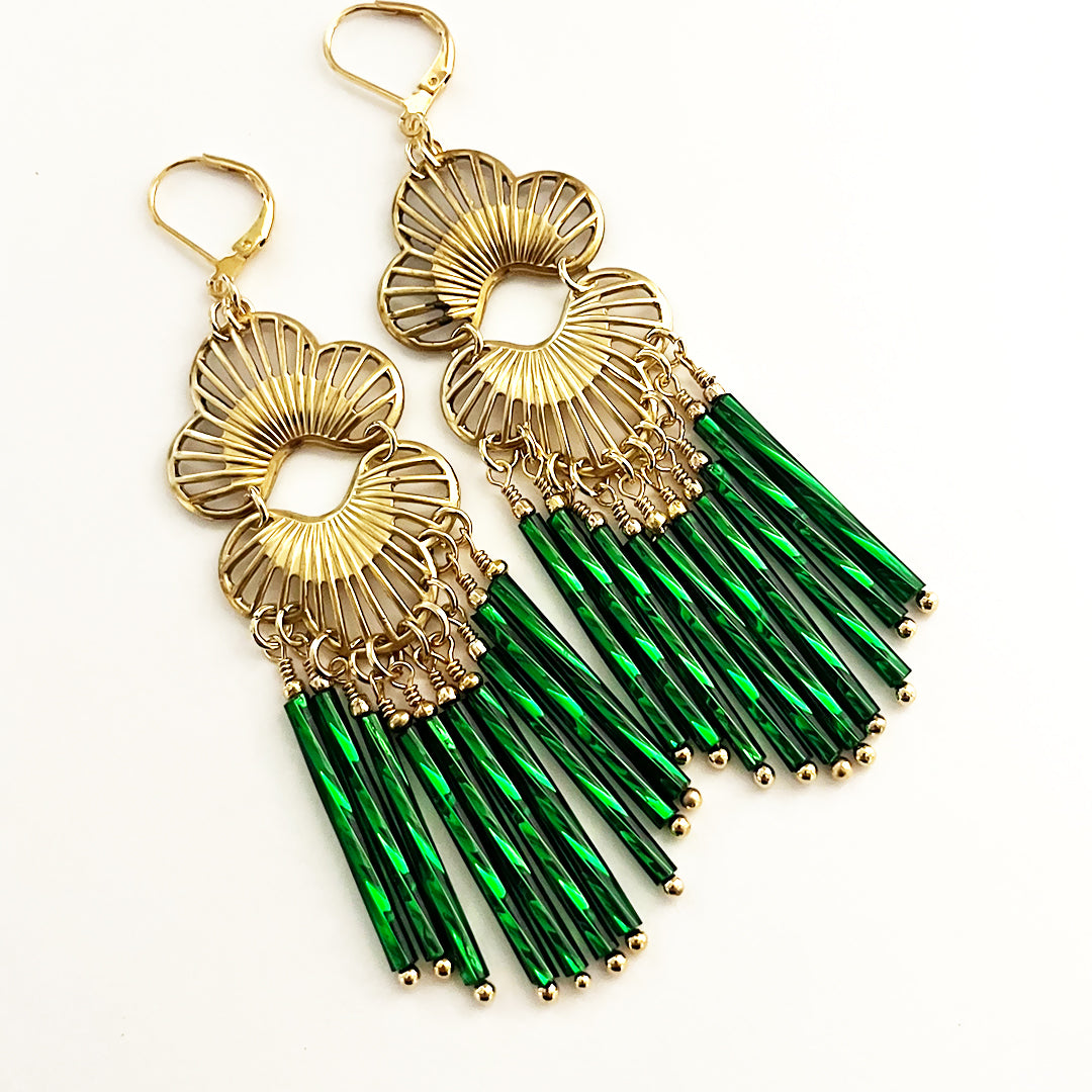 Lotus Fan Fringe Chandelier Earrings EMERALD